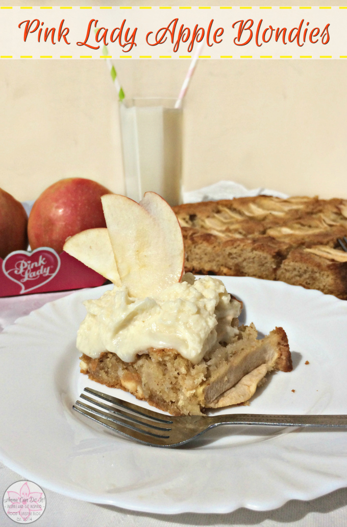 Pink Lady Apple Blondies - Anna Can Do It! * Moist and chewy white chocolate brownies with cinnamon and delectable sweet Pink Lady Apples, topped with white chocolate ganache. The Pink Lady Apple Blondies are so easy, amazingly delicious and fudgy inside; the sweet and tart Pink Lady Apples brings a refreshing taste and well complements the sweet white chocolate.