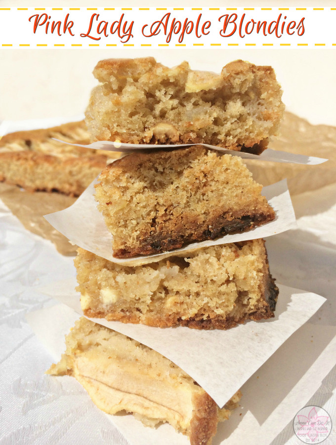 Pink Lady Apple Blondies - Anna Can Do It! * Moist and chewy white chocolate brownies with cinnamon and delectable sweet Pink Lady Apples, topped with white chocolate ganache. The Pink Lady Apple Blondies are so easy, amazingly delicious and fudgy inside; the sweet and tart Pink Lady Apples brings a refreshing taste and well complements the sweet white chocolate.