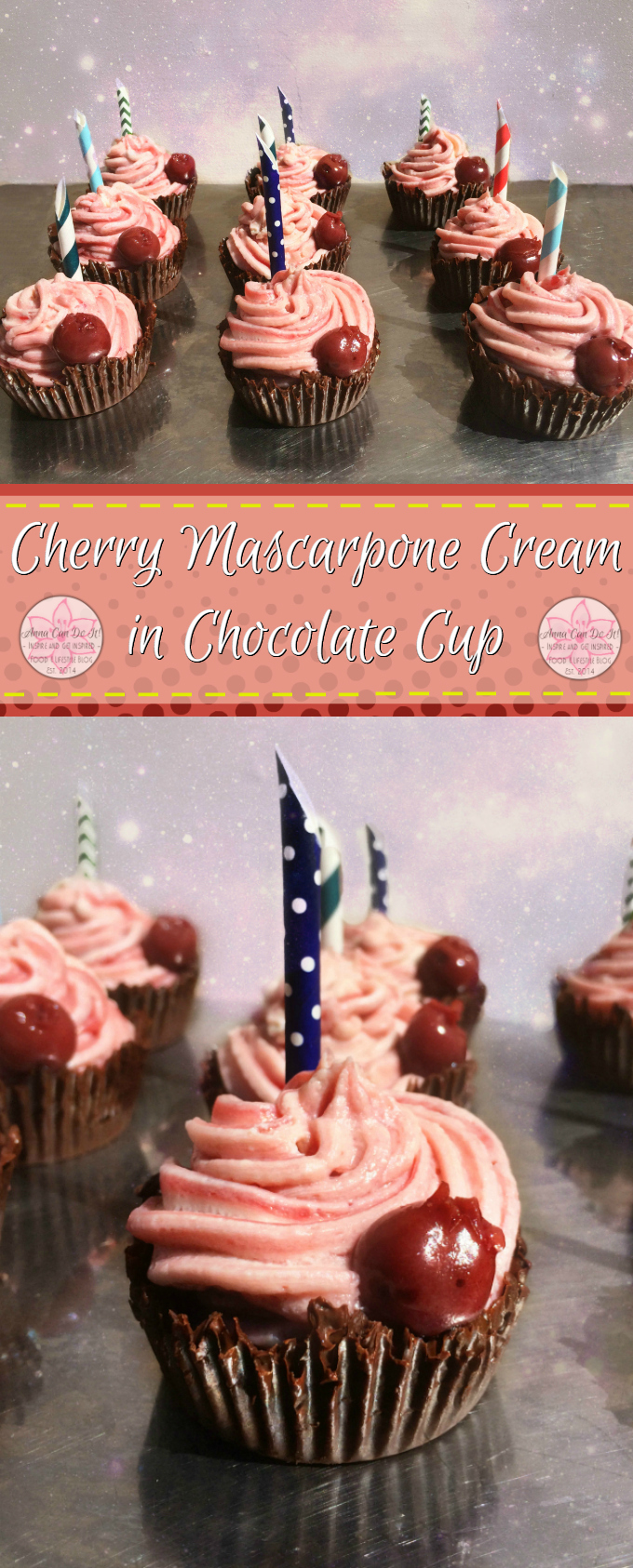 Cherry Mascarpone Cream in Chocolate Cup - Anna Can Do It! * Rich, sweet and tart cherry mascarpone cream in chocolate cup. Quick and easy dessert recipe which will enchant your guests!