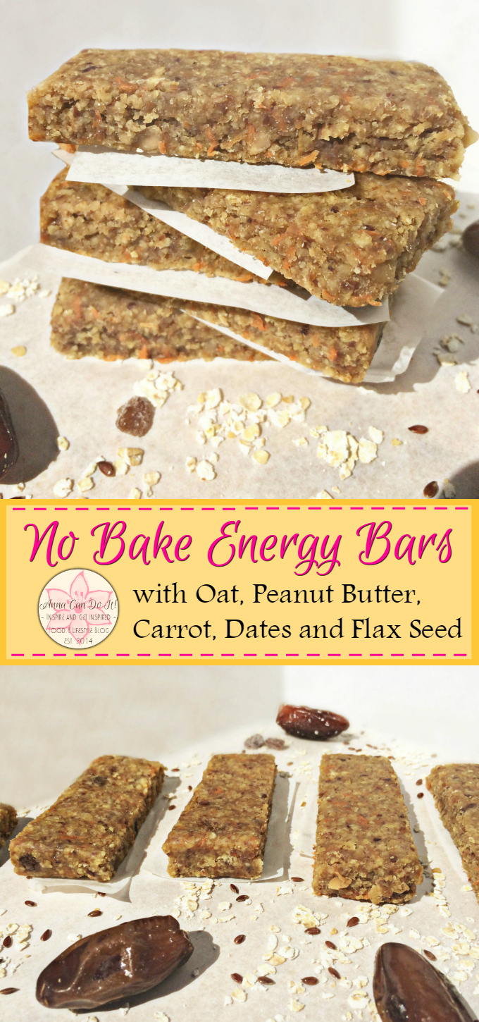 No Bake Energy Bars - Anna Can Do It! * No Bake Energy Bars with Oat, Peanut Butter, Carrot, Dates and Flax Seed. These pocket-size no bake energy bars are so delicious, filling, unbelivably easy to make and only a few ingredients needed. Perfect for snack, workout food, and even for breakfast!