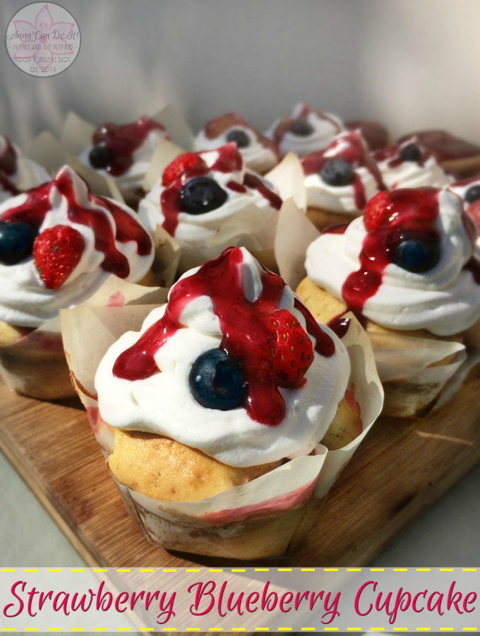 Strawberry Blueberry Cupcake - Anna Can Do It! * The Strawberry Blueberry Cupcake is the most divine, richest and most flavorful cupcakes I've ever made! It's seasonal, pure spring savor with blueberries and home grown strawberries, topped with whipped cream and strawberry blueberry sauce!