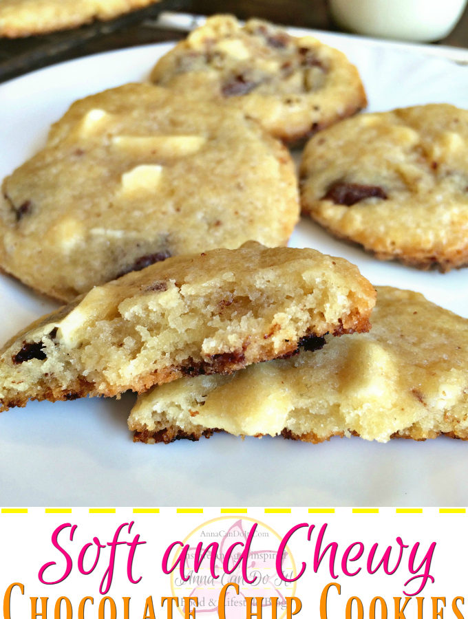 Soft and Chewy Chocolate Chip Cookies - Anna Can Do It! * These Soft and Chewy Chocolate Chip Cookies are causing serious addiction, made with white and dark chocolate. Perfect dessert or snack if you manage to make them without eating the entire bowl of dough!