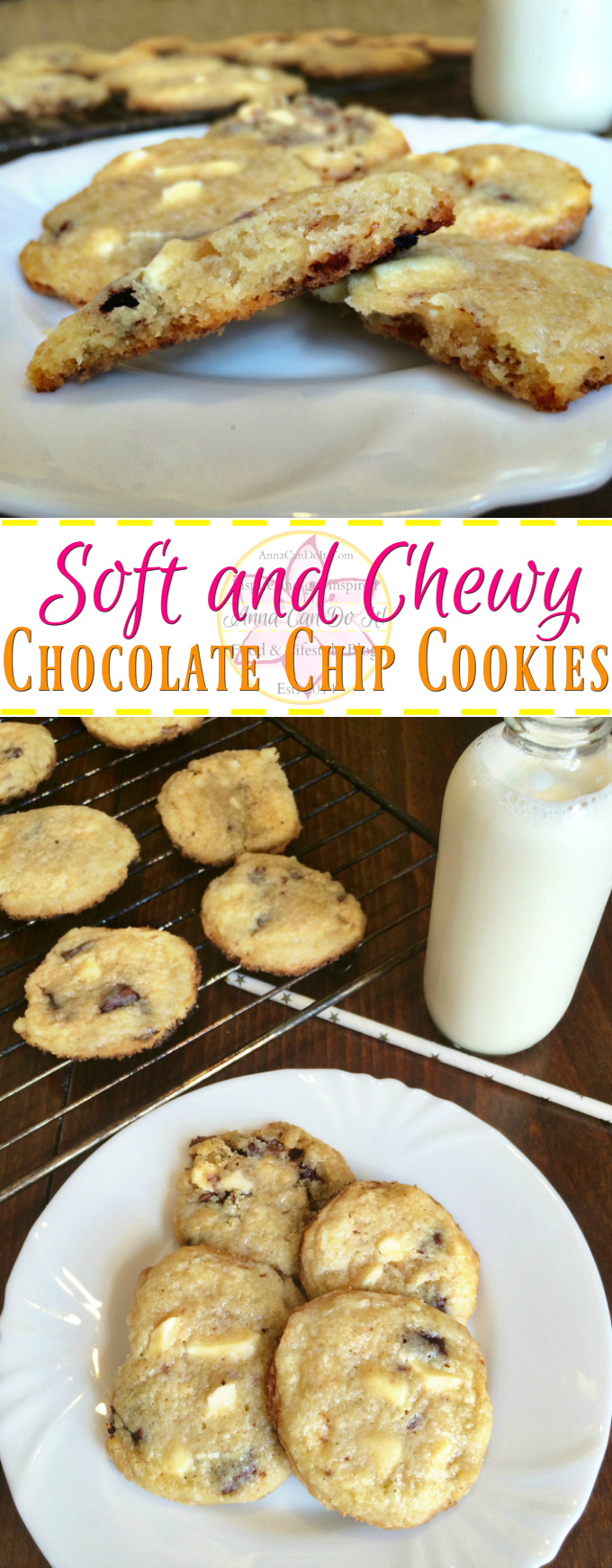 Soft and Chewy Chocolate Chip Cookies - Anna Can Do It! * These Soft and Chewy Chocolate Chip Cookies are causing serious addiction, made with white and dark chocolate. Perfect dessert or snack if you manage to make them without eating the entire bowl of dough!