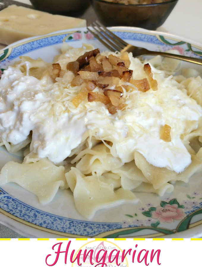 Hungarian Cottage Cheese Noodles - Anna Can Do It! -The Hungarian Cottage Cheese Noodles is a wonderful heartwarming comfort food. It's a noodle dish topped with cottage cheese, sour cream, fried bacon bits and sometimes grated cheese.