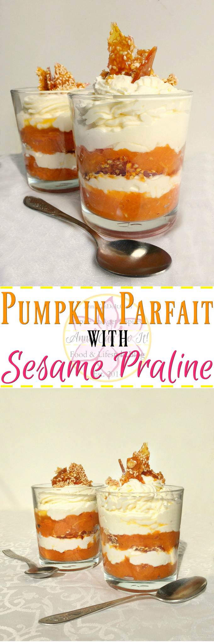 Pumpkin Parfait With Sesame Praline- Anna Can Do It! - Fancy and delicious Pumpkin Parfait With Sesame Praline. Simple and quick dessert recipe with pumpkin spice pumpkin purée, mascarpone cream and crunchy sesame praline.