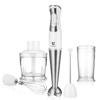 Immersion Hand Blender, Utalent 5-in-1 8-Speed Stick Blender with 500ml Food Grinder, BPA-Free, 600ml Container,Milk Frother,Egg Whisk,Puree Infant Food, Smoothies, Sauces and Soups - White