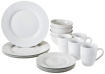 AmazonBasics 16-Piece Kitchen Dinnerware Set, Plates, Bowls, Mugs, Service for 4, White