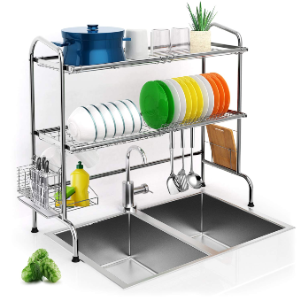 Over Sink Dish Drying Rack, iBesi 2-Tier Stainless Steel Stable Dish Drainer Shelf Rust Free Multifunctional Storage Organizer With Utensils Holder for Kitchen Sink Countertop (Sink size≤32.5in)