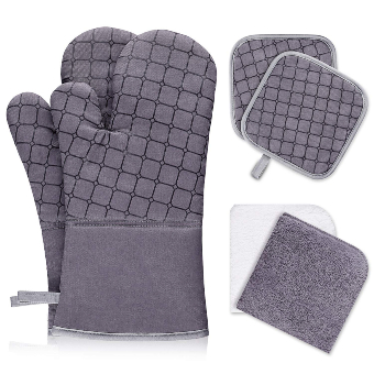 IXO 6Pcs Oven Mitts and Pot Holders, 500℉ Heat Resistant Oven Mitts with Kitchen Towels Soft Cotton Lining and Non-Slip Surface Safe for Baking, Cooking, BBQ