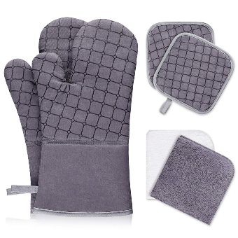 Silicone Oven Mitts Heat Resistant to 500 Degrees, Heat Resistant Oven Mitts  with Kitchen Towels Soft Cotton Lining and Non-Slip Surface Safe for Baking,  Cooking, BBQ (Gray) 